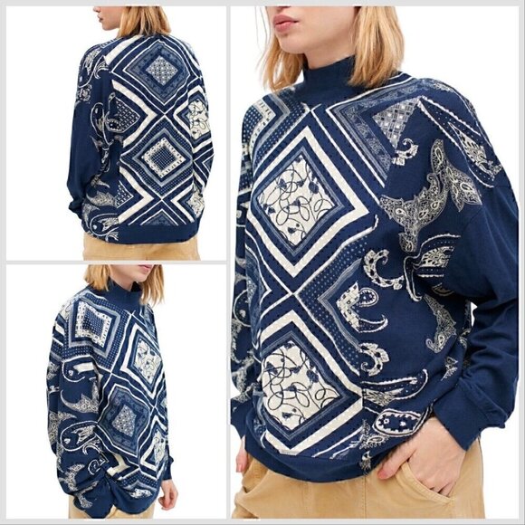 BDG Urban Outfitters Pierre Mock Neck Slouchy Top Blue & White Women’s XS BOHO - Picture 1 of 13
